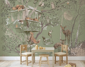 Green Forest Animal Wallpaper – Peel and Stick Removable Mural for Nursery | Cute Woodland Wall Art for Kids Room Decor
