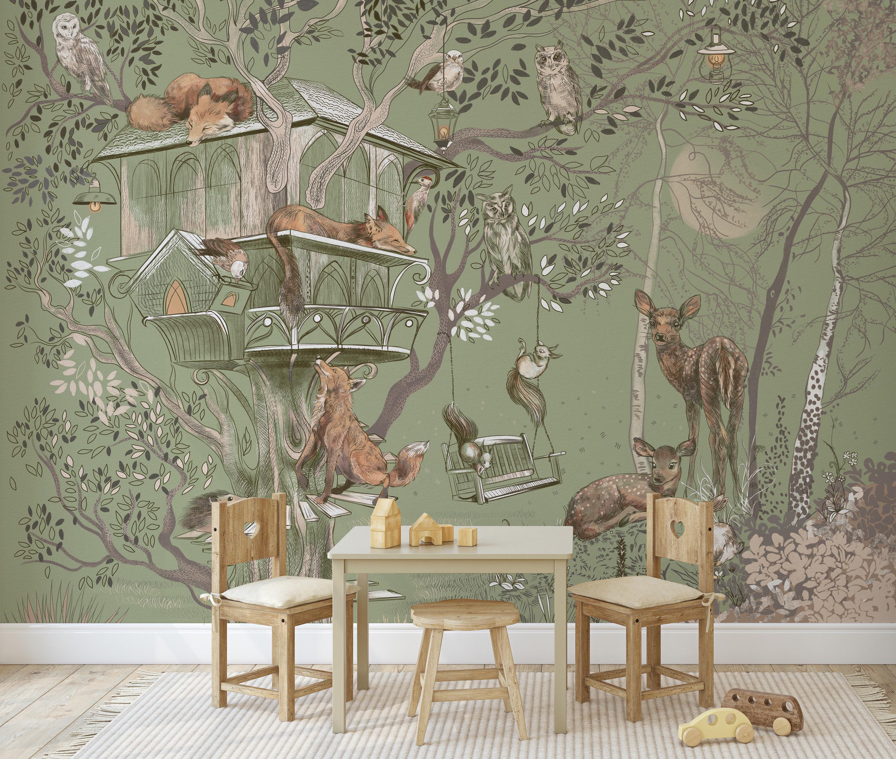 Green Forest Animal Wallpaper – Peel and Stick Nursery Wall Mural