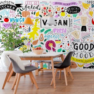 Carta da parati Vegan Foods Cafe, decorazione da parete chic e alla moda, murale con carta da parati staccabile e adesiva, arte murale rimovibile, carta da parati da caffè, murale con carta da parati