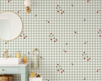 Behang Groen gingangaardbei, muurdecoratie Cottagecore kinderkamer, vintage fruitpatroon, behang babykamer