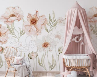 Blush bloemen kinderkamerbehang, zacht botanisch muurdecor, kinderkamerontwerp met peel-and-stick