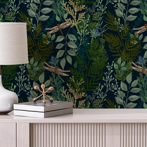 Dark Floral Dragonfly Fern Botanical Peel and Stick Wallpaper, Elegant Dark Floral Wall Art, Botanical Peel and Stick Wallpaper
