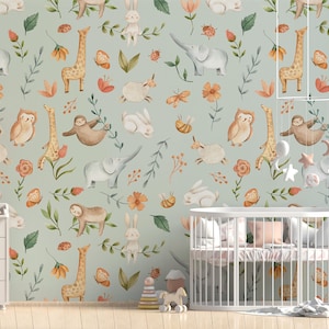 Cute Animals Pattern Wallpaper, Kids Wallpaper, Peel and Stick Wallpaper Mural, Nursery Wall Decal, Removable Wallpaper, Nursery Wallpaper