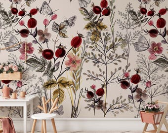 Red Fruit Floral Wallpaper – Vintage Peel and Stick Wall Mural
