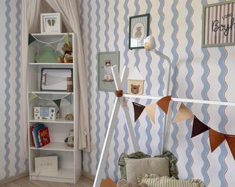 Peel and Stick kinderkamerbehang golvende streep, retro kinderbehang, blauwe golf muurschildering