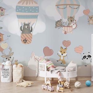 Cute Cartoon Animals Wallpaper, Kids Wallpaper, Peel and Stick Wallpaper Mural, Nursery Wall Decal, Removable Wallpaper, Nursery Wallpaper