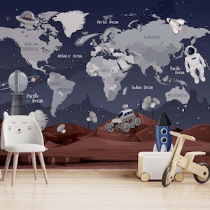 Papier peint carte du monde Space Wall – Papier peint autocollant pour chambre d'enfant | Papier peint amovible pour enfants avec étoiles, planètes et continents illustrés