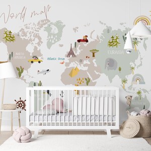 Papier peint carte du monde animaux, papier peint autocollant pour enfants, papier peint amovible, carte des animaux de safari, papier peint éducatif pour chambre d'enfant