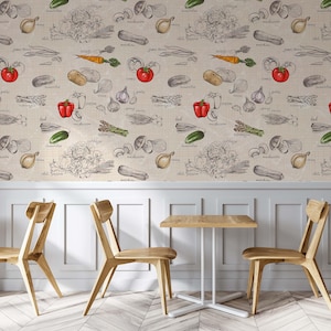 Carta da parati Vegetables Food Cafe, decorazione da staccare e attaccare per caffetteria, arte murale rustica da cucina e bistrot, stile accogliente per bar per spazi domestici e commerciali