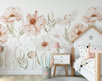 Peel-and-Stick-behang met bloemen, neutrale bloemmuurschildering, behang aquarel klaproos