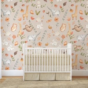 Beige Animals Pattern Wallpaper – Peel and Stick Nursery Wall Mural