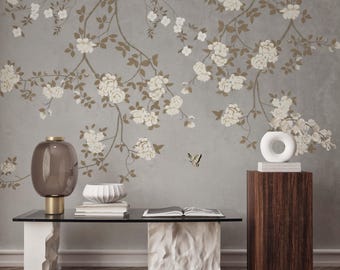 White Flower Chinoiserie Wallpaper – Vintage Peel and Stick Wall Mural