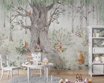 Mother of Forest Tree Wallpaper, Peel and Stick Nursery Wallpaper, Removable Wallpaper, Kids Wallpaper, Kids Room Wallpaper, Self Adhesive
