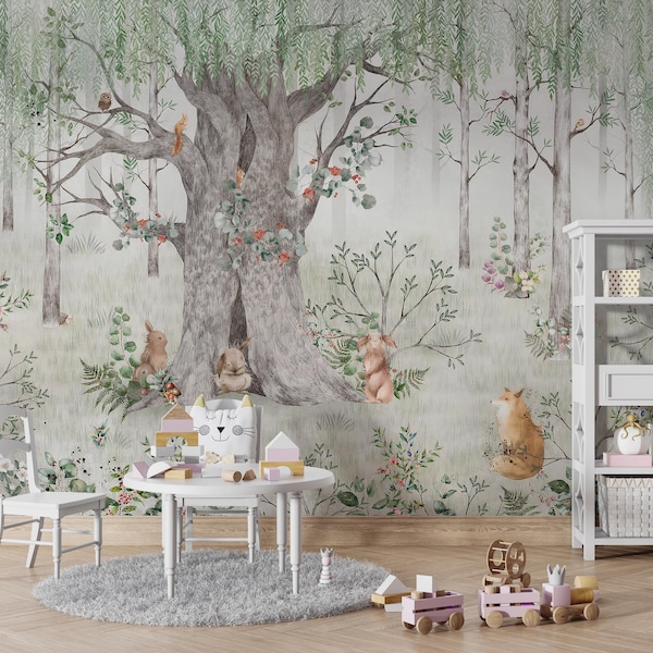 Mother of Forest Tree Peel and Stick Nursery Wallpaper, Removable Kids Accent Wall Mural