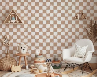 Papel pintado de cuadros vichy beige para habitación de bebé: pared de cuadros neutros