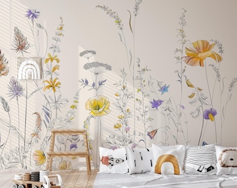 Botanische wilde bloemenbehang – Peel and Stick-muurschildering