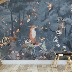 Blue Forest Animals Wallpaper, Peel and Stick Kids Wallpaper, Kids Mural, Removable Wallpaper, Enchanted Forest Wall Mural, Unique Wallpaper