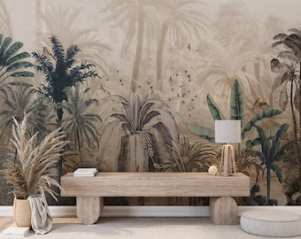Mural de pared de selva tropical neutra, papel pintado autoadhesivo