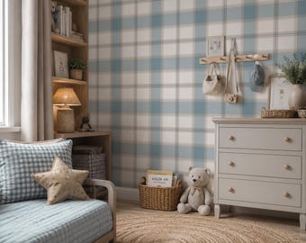Blue Plaid Wallpaper, Tartan Boys Room Decor, Beige Checkered Nursery Wallpaper, Classic Kids Bedroom Wall Covering