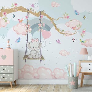 Carta da parati Swing Elephant Rainbow Butterfly, carta da parati per bambini staccabile e attaccabile, carta da parati rimovibile per bambini, carta da parati per bambini, murale pastello per bambini