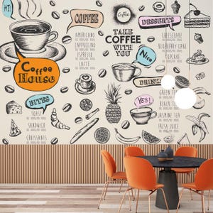 Carta da parati Hot Coffee Cute Cafe, decorazione da staccare e attaccare per caffetteria, arte murale rustica da cucina e bistrot, stile accogliente per la casa e gli spazi commerciali