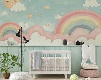 Pastel regenboogwolken kinderkamerbehang, Sun Moon Peel and Stick kinderbehang