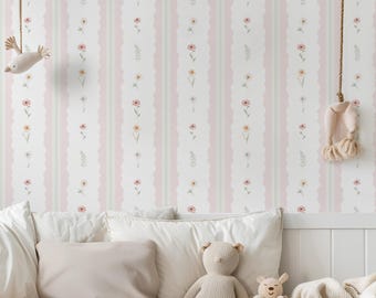 Roze bloemen geschulpte streep kinderkamerbehang, pastelkleurige bloemen Peel and Stick kinderbehang