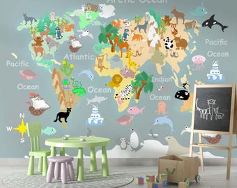 Colorful World Map Art Wallpaper – Peel and Stick Nursery Wall Mural