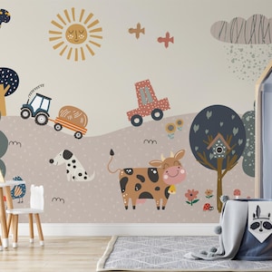 Village Animals Nursery Wallpaper – Peel and Stick Kids Wall Mural | Farm Pet Animal Removable Wallpaper for Baby Room or Toddler Playroom