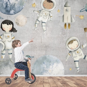 Carta da parati spaziale con astronauti, carta da parati rimovibile, carta da parati con decorazioni murali spaziali, carta da parati con decalcomanie per soggiorno, decorazioni per la camera dei bambini