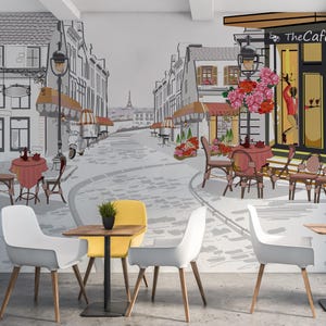 Carta da parati Old Street View Cafe, decorazione da staccare e attaccare per caffetteria, arte murale rustica da cucina e bistrot, stile caffetteria accogliente per spazi domestici e commerciali