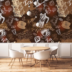 Carta da parati Brown Coffee Cafe, decorazione da staccare e attaccare per caffetteria, arte murale rustica da cucina e bistrot, stile accogliente per bar per spazi domestici e commerciali