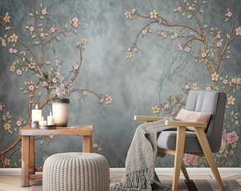 Elegant Chinoiserie Peel and Stick Floral Mural Wallpaper, Minimal Removable Wall Decor