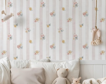 Peel-and-Stick kinderkamerbehang met pastelkleurige bloemenstreep, kinderkamermuurdecoratie, Cottagecore-babykamer
