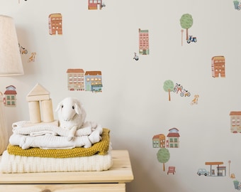 Village Town Peel and Stick kinderkamerbehang, grillige stad behang, kinderkamer muurschildering