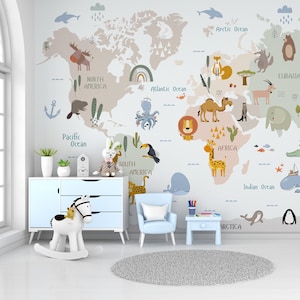 Animal World Map Wallpaper, Schälen und Aufkleben Lernwandbild für Kinderzimmer, Abnehmbare Karte Wandtattoo, Lernwandkunst, Safari Animals Map