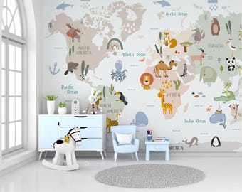 Animal World Map Wallpaper, Peel and Stick Educational Mural for Kids Room, Removable Map Wall Decal, Learning Wall Art, Safari Animals Map