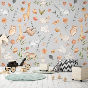 Baby Animals Pattern Wallpaper – Peel and Stick Nursery Wall Mural