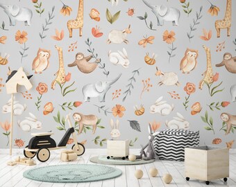 Papel pintado con estampado de animales bebés: Mural autoadhesivo para habitación infantil