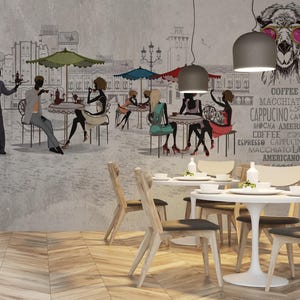 Carta da parati moderna Street Cafe, decorazione murale chic e alla moda, carta da parati murale staccabile e attaccabile, arte murale rimovibile, carta da parati da caffè, carta da parati murale