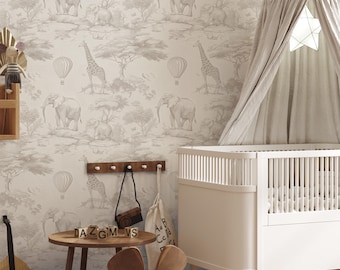 Neutral Safari Animal Wallpaper – Beige Jungle Mural with Giraffes and Elephants for Nursery