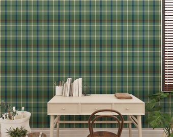 Green Tartan Plaid Peel and Stick Nursery Wallpaper, Classic Cozy Check Kids Pattern Wallpaper