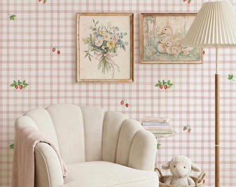 Pink Gingham Strawberry Peel-and-Stick-behang voor kinderen, Cottagecore-kinderdagverblijfbehang