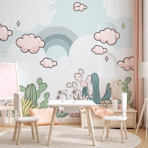 Carta da parati per cameretta con cactus e arcobaleno, carta da parati per bambini staccabile e adesiva, carta da parati per bambini rimovibile, decalcomania da parete per cameretta, decorazioni per la casa per cameretta