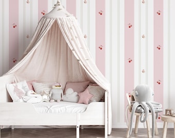Peel-and-Stick kinderbehang met kersenstreep, kinderbehang Cottagecore, muurschildering roze gingham