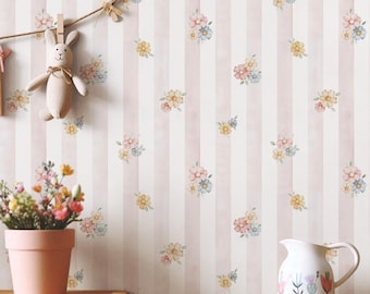 Peel-and-Stick kinderbehang pastelkleurige bloemenstreep, Cottagecore kinderkamerbehang, aquarel bloemenmuurschildering