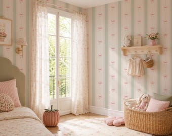 Pink Bow Wallpaper, Sage Green Striped Nursery Wallpaper, Coquette Girls Room Decor, Pastel Kids Bedroom Wall Covering
