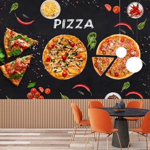 Carta da parati Pizza Slices Cafe, decorazione da staccare e attaccare per caffetteria, arte murale rustica da cucina e bistrot, stile accogliente per bar per spazi domestici e commerciali