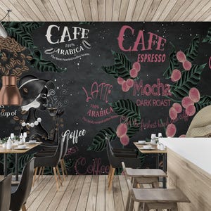 Carta da parati Dark Coffee Cafe, decorazione da parete chic e alla moda, murale da staccare e attaccare, arte murale rimovibile, carta da parati da caffè, murale da parati