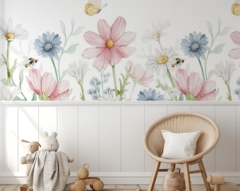 Peel-and-Stick kinderkamerbehang met wilde bloemen, bloemen kindermuurschildering, aquarel bloemenbehang